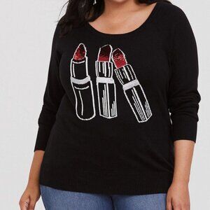 Torrid Black Red Sequin Lipstick Pullover Sweater Plus Sz 3X